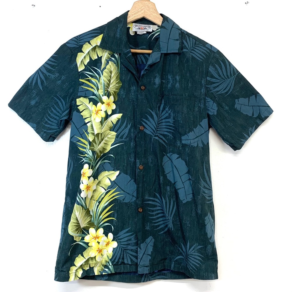 Pacific Legend Hawaiian Shirt Men Small Green Floral Cotton  Made in Hawaii USA